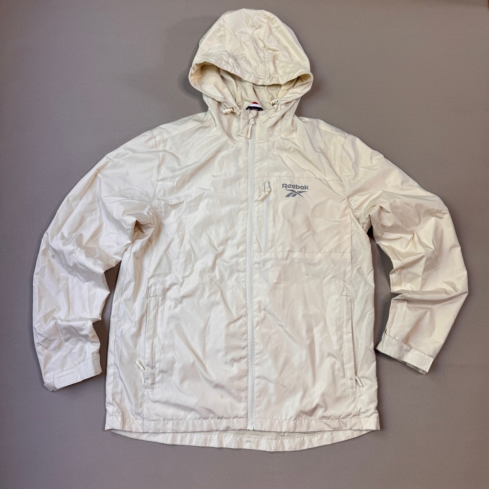 Reebok Windbreaker Jacket Mens Medium Cream Off White Hooded Full Zip Athletic